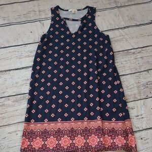 Nine Britton Blue Red Geometric Boho Print Keyhole Neckline Mini Dress S